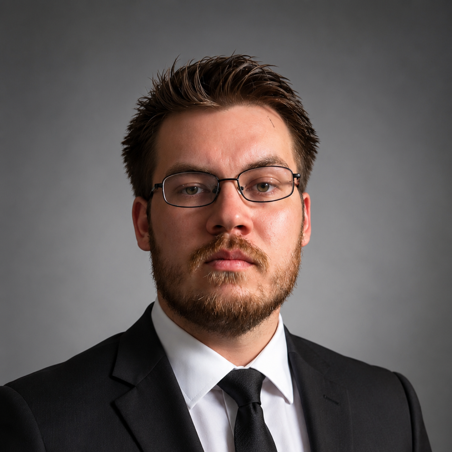 an image of the founder logan, standing with glasses in a suit and tie